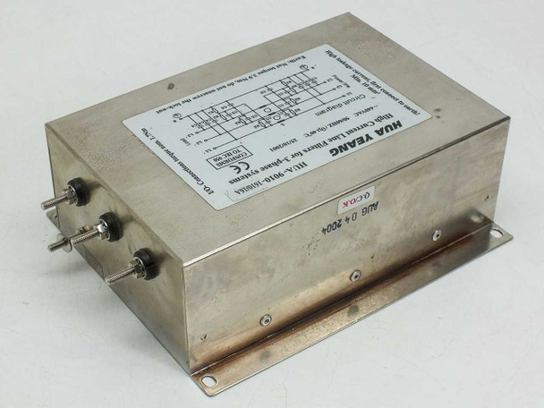 Hua Yeang HUA-9010-1610/16A Line Filter – rear-left angled view showing rating label and date code sticker