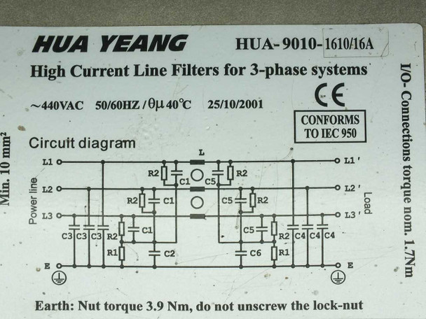 Hua Yeang HUA-9010-1610/16A Line Filter – close-up of rating plate showing 440VAC 50/60Hz 16A specs and circuit diagram