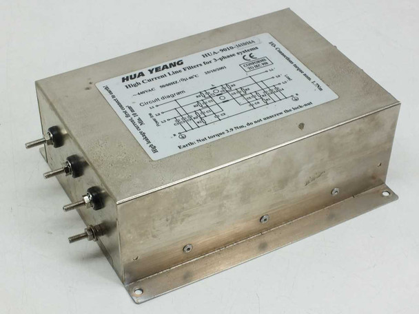 Hua Yeang HUA-9010-1610/16A 3-Phase High Current Line Filter – front-left angled view showing stainless steel enclosure and label