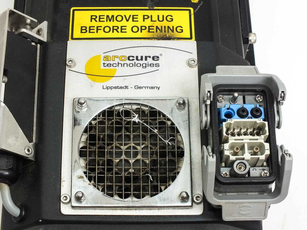 Arccure BK150 UV light source – close-up of cooling fan grille and multi-pin connector block with blue and black terminals