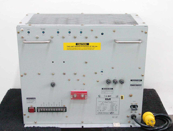 Rolm 8691 AC Power Supply front panel with rating plate, terminal block, fuses, and NEMA twist-lock power cord attached