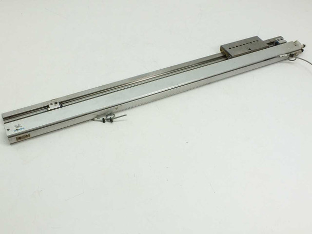 Festo SLG-18-500-YSR-A linear slide — opposite-side full length view showing dual guide rails, carriage block, and end fittings