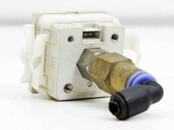SMC ZSE30-01-25 pressure switch – rear view showing multi-pin connector port and brass R1/8 push-in elbow fitting, Made in Japan label visible