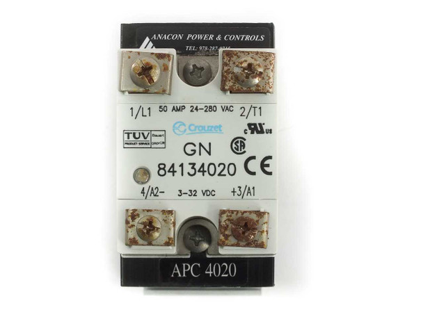 Crouzet GN 84134020 solid state relay label close-up showing 50A 24-280VAC output and 3-32VDC control voltage ratings with TUV, UL, CE, CSA markings