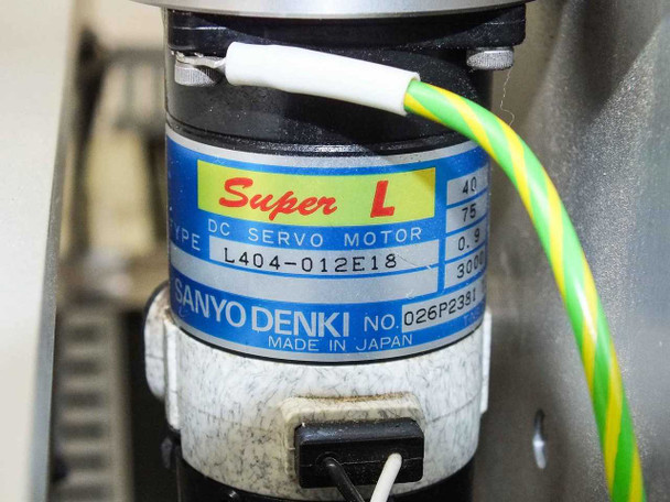 Sanyo Denki Super L DC Servo Motor label — Type L404-012E18, No. 026P2381, Made in Japan