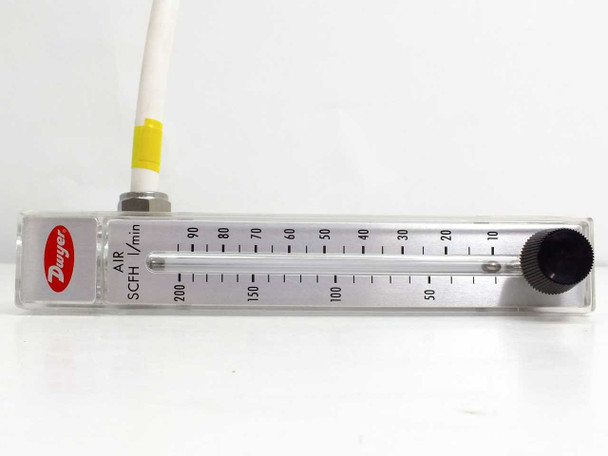 Dwyer RMB-54D-SSV flow meter — front face showing dual scale: Air SCFH (10–90 top) and l/min (50–200 bottom) with float indicator and Dwyer logo