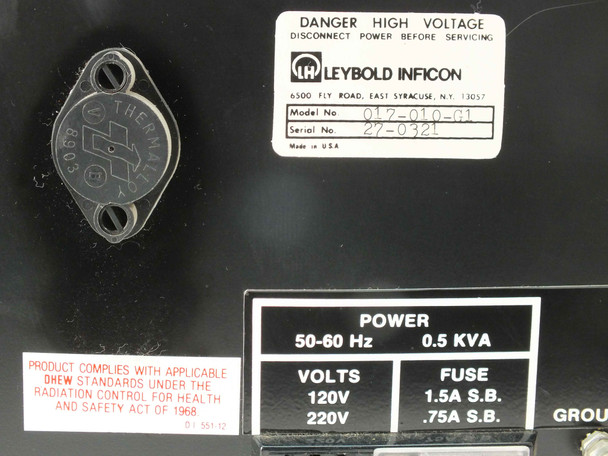 Inficon Quadrex 100 rating plate label showing Model 017-010-G1, Serial 29-032, made in USA, power 50-60 Hz 0.5 KVA, 120V/220V fuse ratings