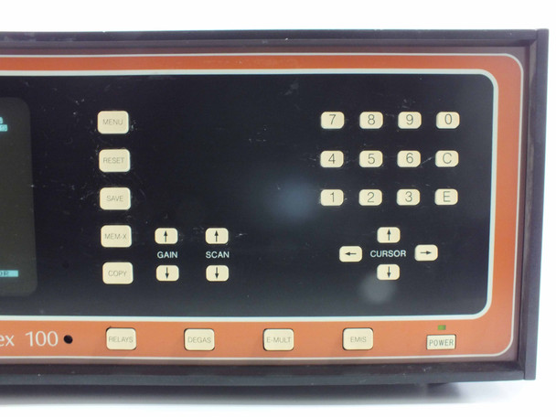 Inficon Quadrex 100 front panel right-side keypad close-up showing GAIN, SCAN, CURSOR, RELAYS, DEGAS, E.MULT, and EMB controls