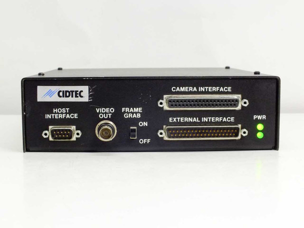 Cidtec ICM7000FX1 front panel close-up — HOST INTERFACE, VIDEO OUT BNC, FRAME GRAB ON/OFF toggle, CAMERA INTERFACE and EXTERNAL INTERFACE D-sub connectors, dual green PWR indicator LEDs