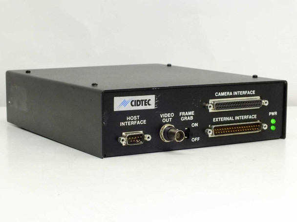 Cidtec ICM7000FX1 Video Camera Interface front panel — HOST INTERFACE DB9, VIDEO OUT BNC, FRAME GRAB switch, CAMERA INTERFACE and EXTERNAL INTERFACE parallel connectors, PWR LEDs