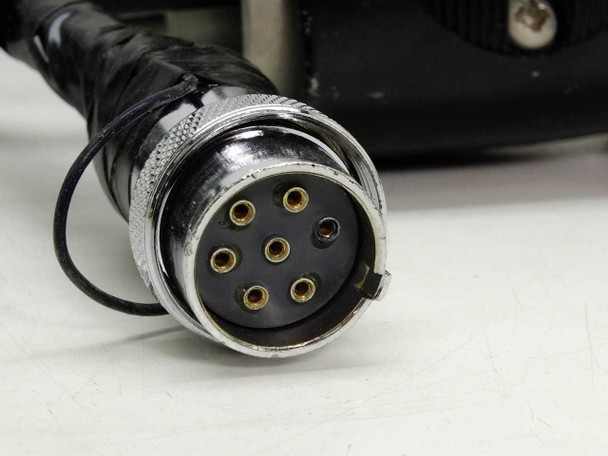 Riber ACE 1010 cable – close-up of 6-pin circular connector with chrome locking ring and gold-pin contacts arranged in circular pattern, black cable jacket