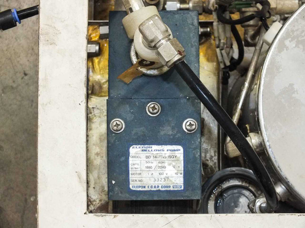 Elepon ECAP Corp bellows pump BD 14-37/43-15GY mounted inside dispensing system frame – label and body visible