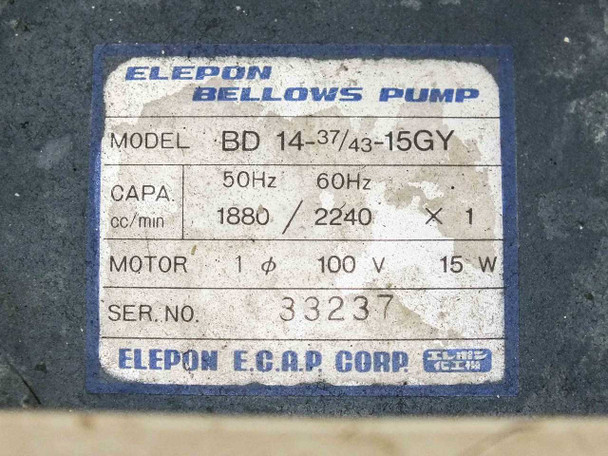 Elepon bellows pump rating plate – Model BD 14-37/43-15GY, 1880/2240 cc/min, 1-phase 100V 15W, serial 33237