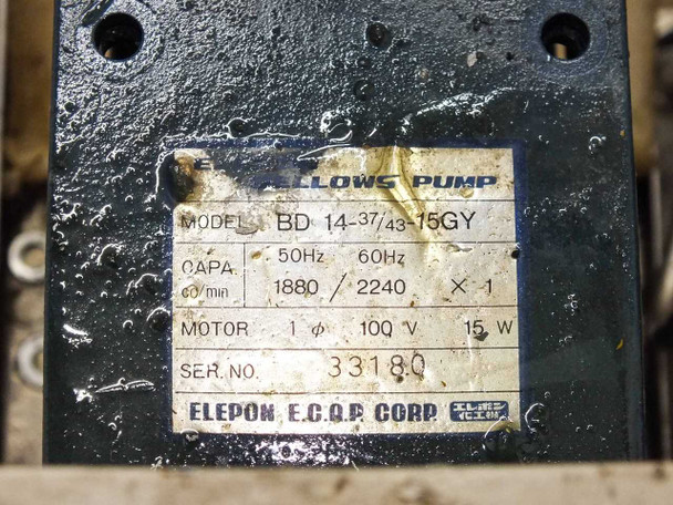 Elepon E.C.O.P. Corp bellows pump rating plate showing model BD 14-37/43-15GY, capacity 1880/2240 mL/min, 100V 15W motor, serial 33180