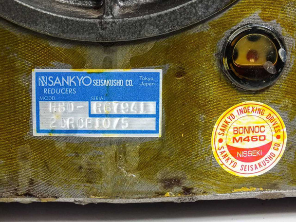 Sankyo Seisakusho Reducers label showing model R80-20RCB10 and Bonnoc M460 Nisseki indexing drives sticker on housing side