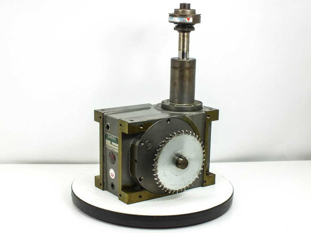 Sandex 11FU Rotary Indexing Oscillating Drive front-left view showing roller gear cam output wheel and vertical shaft assembly