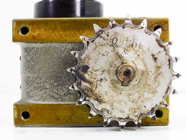 Sandex 4.5D Indexing Drive — bottom/input side view showing chain sprocket with surface rust and key slot