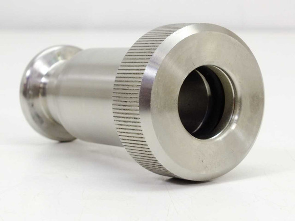 Vacuum pump bellows connector fitting – angled side view showing knurled cylindrical body and large flanged end