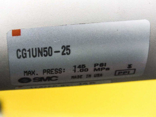 SMC CG1UN50-25 pneumatic cylinder label — 145 PSI / 1.00 MPa max pressure, Made in USA