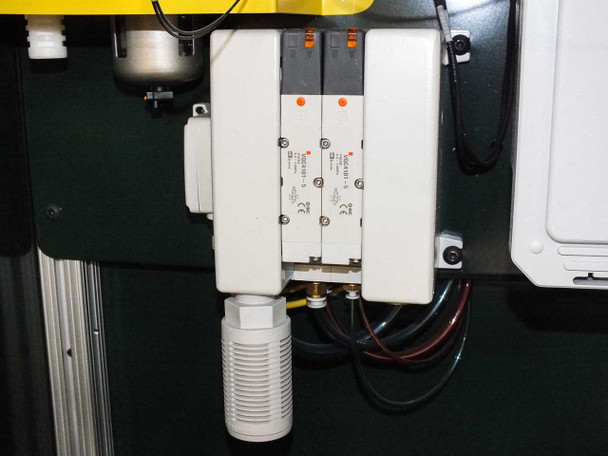 Uni-Solar MX1-711-000-5 — SMC VQC4101-5 dual solenoid valve bank with indicator LEDs and cable connectors