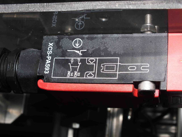 Telemecanique XCS-PA593 door safety interlock sensor — close-up of label with wiring diagram