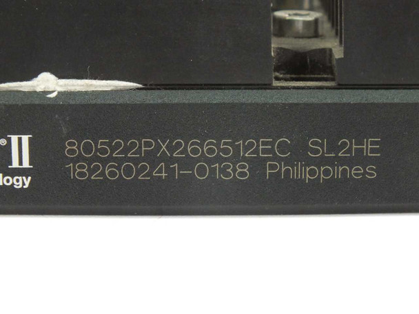 Intel Pentium II CPU label closeup showing part number 80522PX266512EC, SL2HE stepping, serial 18260241-0138, Philippines origin