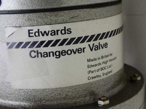 Edwards Changeover Valve label closeup — Made in Britain by Edwards High Vacuum, Part of BOC Ltd., Crawley England