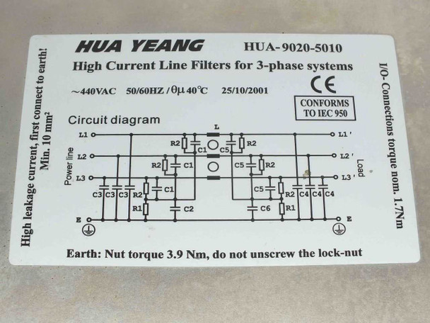 Hua Yeang HUA-9020-5010 label close-up showing 440VAC 50/60Hz, CE mark, IEC 950 compliance, and circuit diagram
