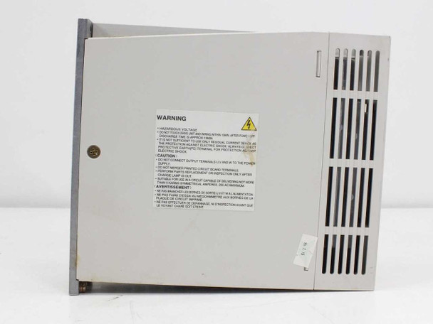 Mitsubishi MR-J2S-70A-U006 AC servo drive – left side panel view showing warning label and ventilation slots