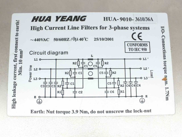 Hua Yeang HUA-9010-3610/36A rating label close-up — shows 440VAC 50/60Hz 40°C rating, circuit diagram, CE mark, IEC 950 compliance, and earth torque instruction (25/10/2001 date)