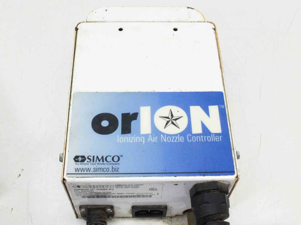 Simco Orion Ionizing Air Nozzle Controller – top view showing Orion logo label and bottom panel with IEC inlet and multi-pin connector ports