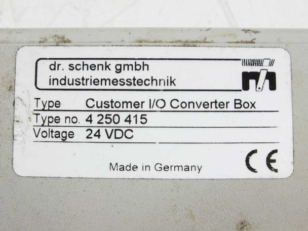 Dr. Schenk GmbH industriemesstechnik label showing Type: Customer I/O Converter Box, Type no. 4 250 415, Voltage 24 VDC, Made in Germany