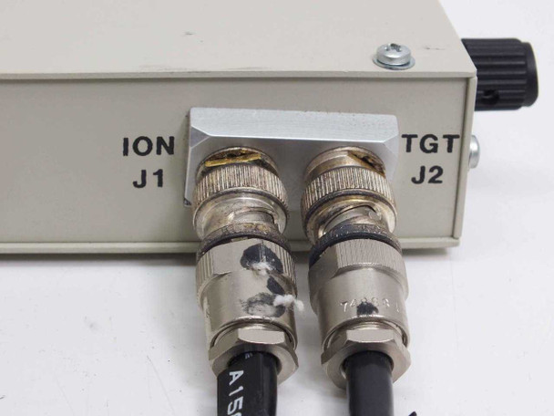 Perkin-Elmer ABS Preamplifier front panel close-up – J1 ION and J2 TGT BNC input connectors with attached cables