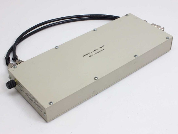 Perkin-Elmer Physical Electronics ABS Preamplifier Model 99 – top and left-side view showing beige aluminum enclosure with two attached BNC cables