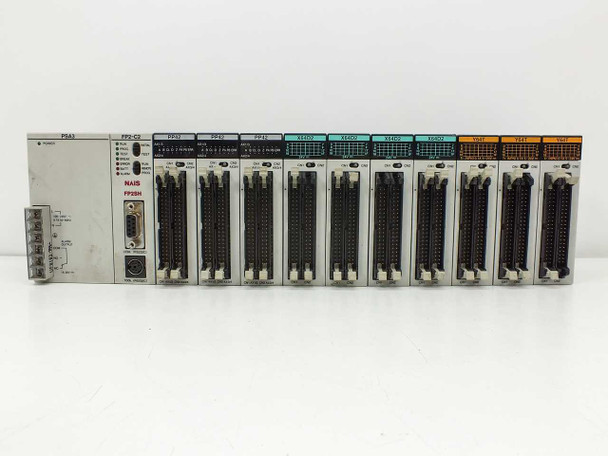 NAIS FP2-BP14 backplane front view showing full module lineup from PSA3 power unit through Y64T output modules