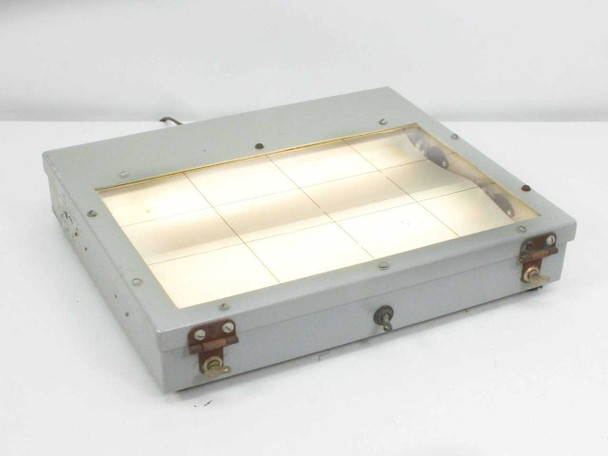 LCD Co 9000-S6401-73816 fluorescent window light box top view, lid closed, fixture powered on showing illuminated 11x7 inch window