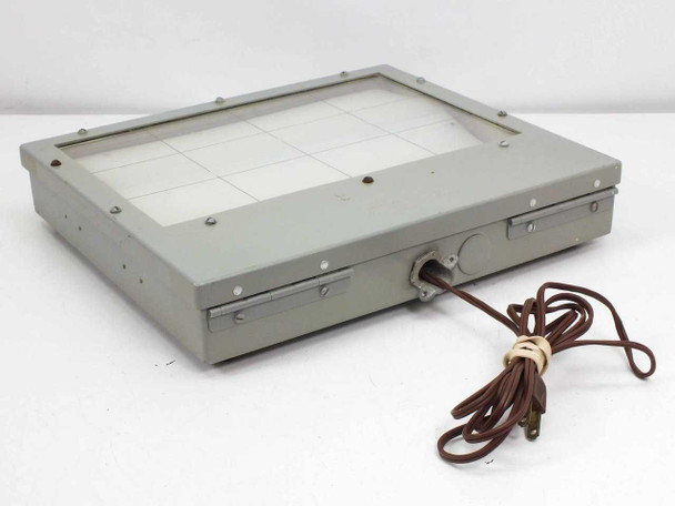 LCD Co MF-7A fluorescent light box side and front view showing power cord and strain relief, lid closed