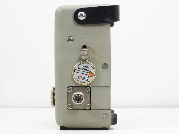 Bird Model 43 Thruline Wattmeter — right side view showing 100W 50-125 MHz plug-in element installed in side slot with N-type connector below