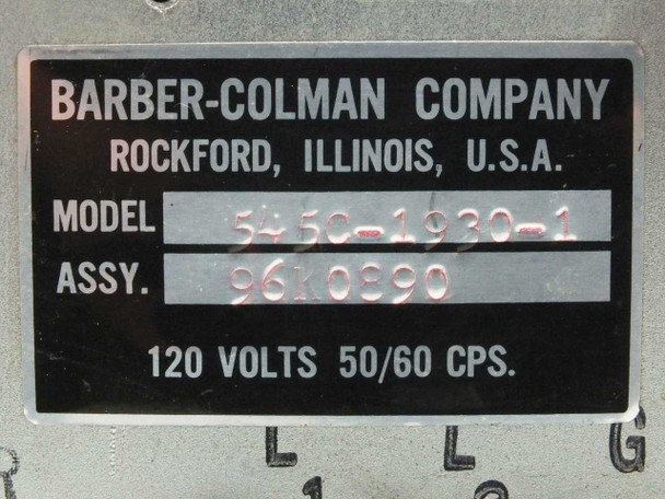 Barber-Colman 545C-1930-1 rating plate closeup – Model 545C-1930-1, Assy 96K0890, 120 Volts 50/60 CPS, Rockford Illinois USA