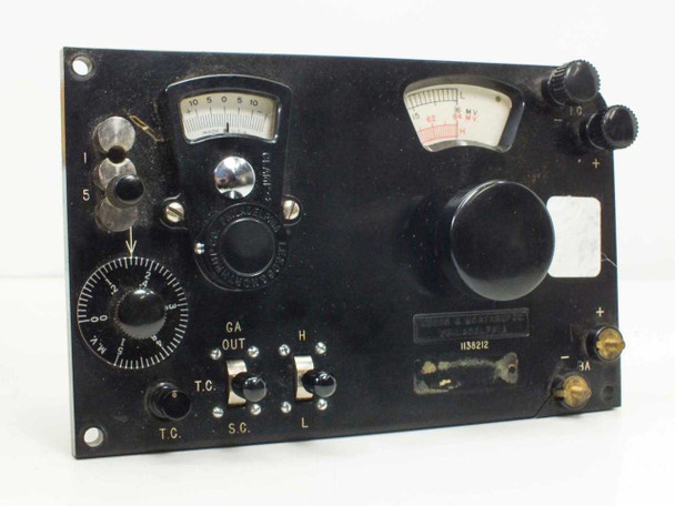 Leeds & Northrup 1138212 Millivolt Testing Unit MTR — front panel removed from case showing dual analog meters, rotary dial, toggle switches labeled GA OUT, H, SC, L, T.C., and terminal posts