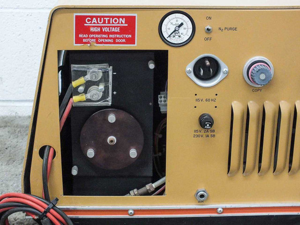 IPT PD1200-553 rear panel close-up showing high-voltage caution, N2 purge on/off switch, 115V 60Hz power inlet, fuse holders, and pressure gauge