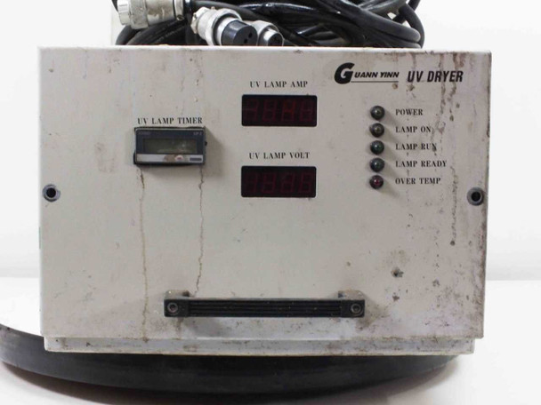 Guann Yinn GY181CD UV Dryer front panel — UV Lamp AMP display, UV Lamp Volt display, UV Lamp Timer, and status indicator LEDs (Power, Lamp On, Lamp Run, Lamp Ready, Over Temp)