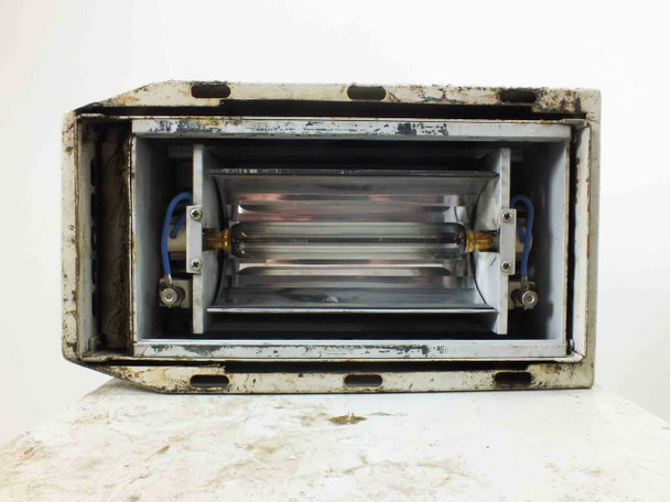Guann Yinn GY181CD UV lamp irradiator head — bottom view showing UV lamp tube seated in reflector trough with mounting hardware