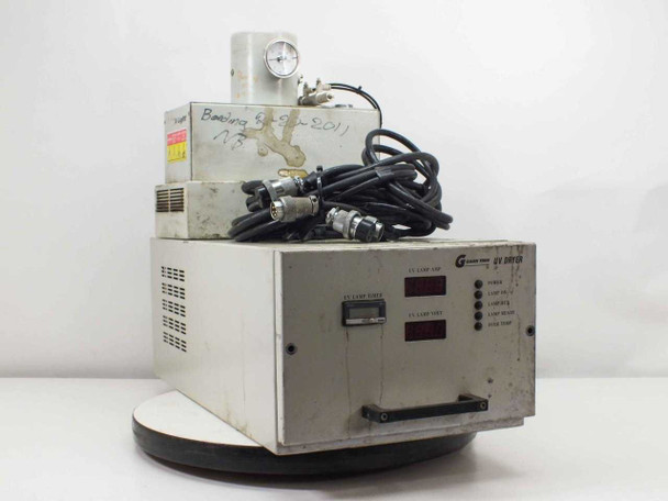 Guann Yinn GY181CD UV Dryer curing system full assembly — three-quarter front view showing control unit, lamp module on top, and cables