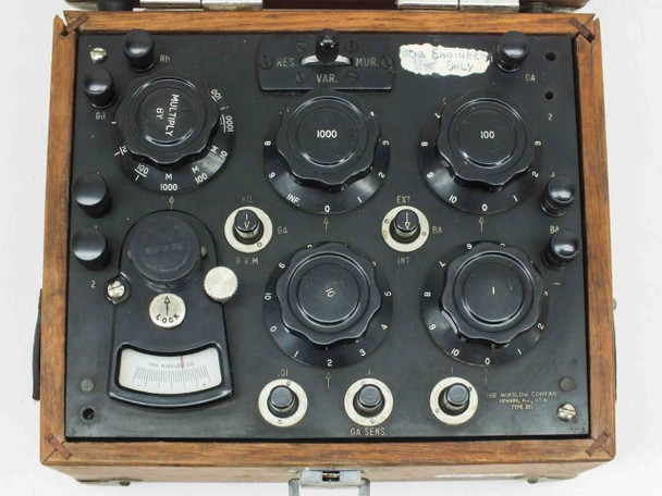 Winslow Co Type 301 test set — top-down view of instrument panel showing Multiply dial, four decade resistor dials (1000, 100, 10, 1), RVM galvanometer, cam switches, and binding posts