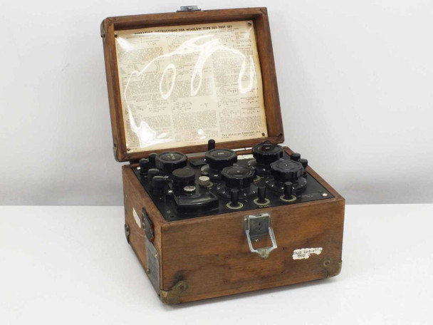 Winslow Co Type 301 Murray Varley Loop Cable Fault Tester — three-quarter front view with lid open showing instrument panel and operating instruction card inside lid