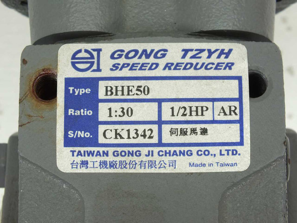 Gong Tzyh speed reducer rating label showing Type BHE50, Ratio 1:30, 1/2 HP, AR, S/N CK1342 – Taiwan Gong Ji Chang Co. Ltd.