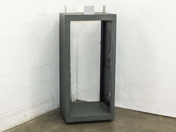 Unbranded gray 19-inch open-frame steel rackmount cabinet, full front view showing rack rails and open sides
