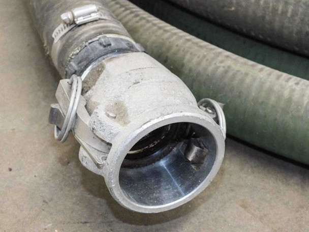 Aluminum cam lock coupling attached to hose end with stainless hose clamp — side view