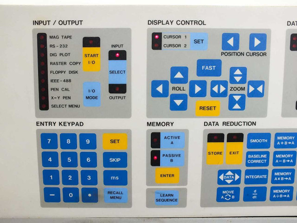 Nicolet 1270 IDACS – close-up of front panel left side showing Input/Output section with Mag Tape, RS-232, Dig Plot, Raster Copy, Floppy Disk, IEEE-488, Pen Cal, X-Y Pen inputs and Entry Keypad